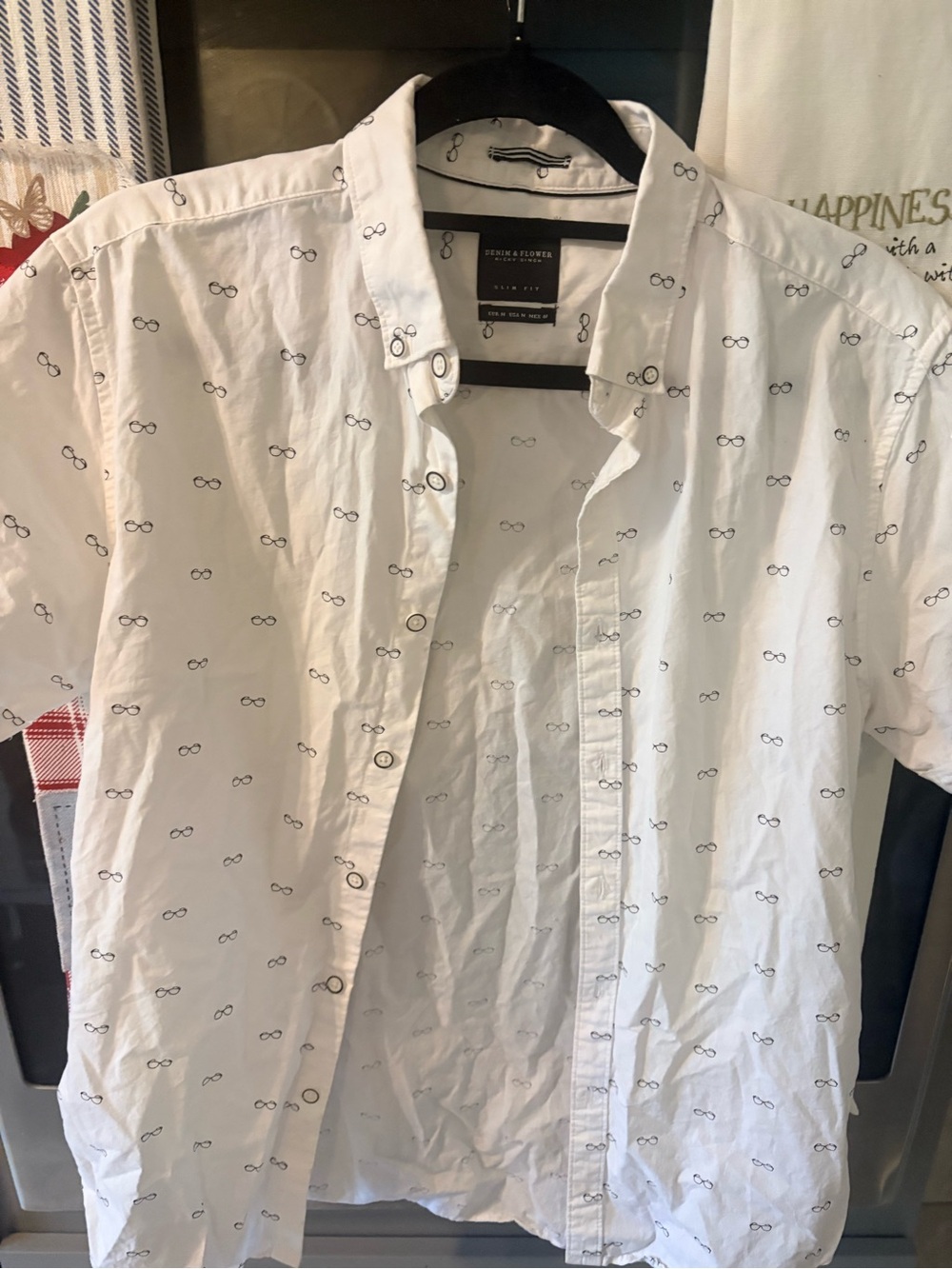 Denim & Flower White Short-Sleeve Button-Down Shirt with Eyeglass Print